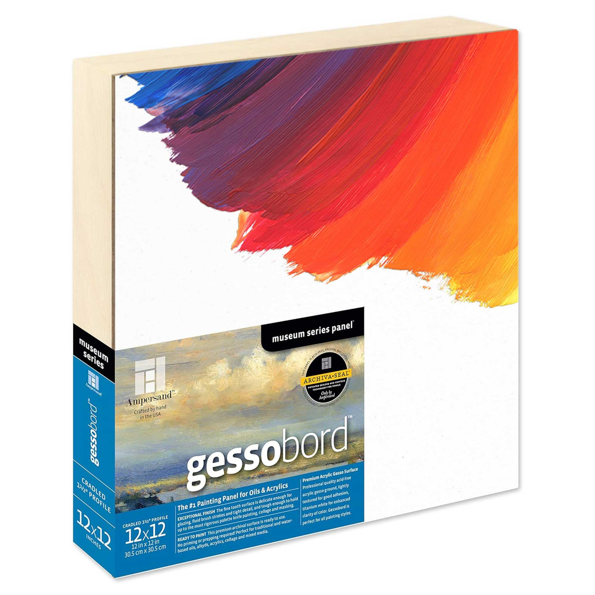 Ampersand Art Supply Gesso Wood Painting Panel: Museum Series Gessobord, 12" x 12", 1-1/2" Cradled Profile