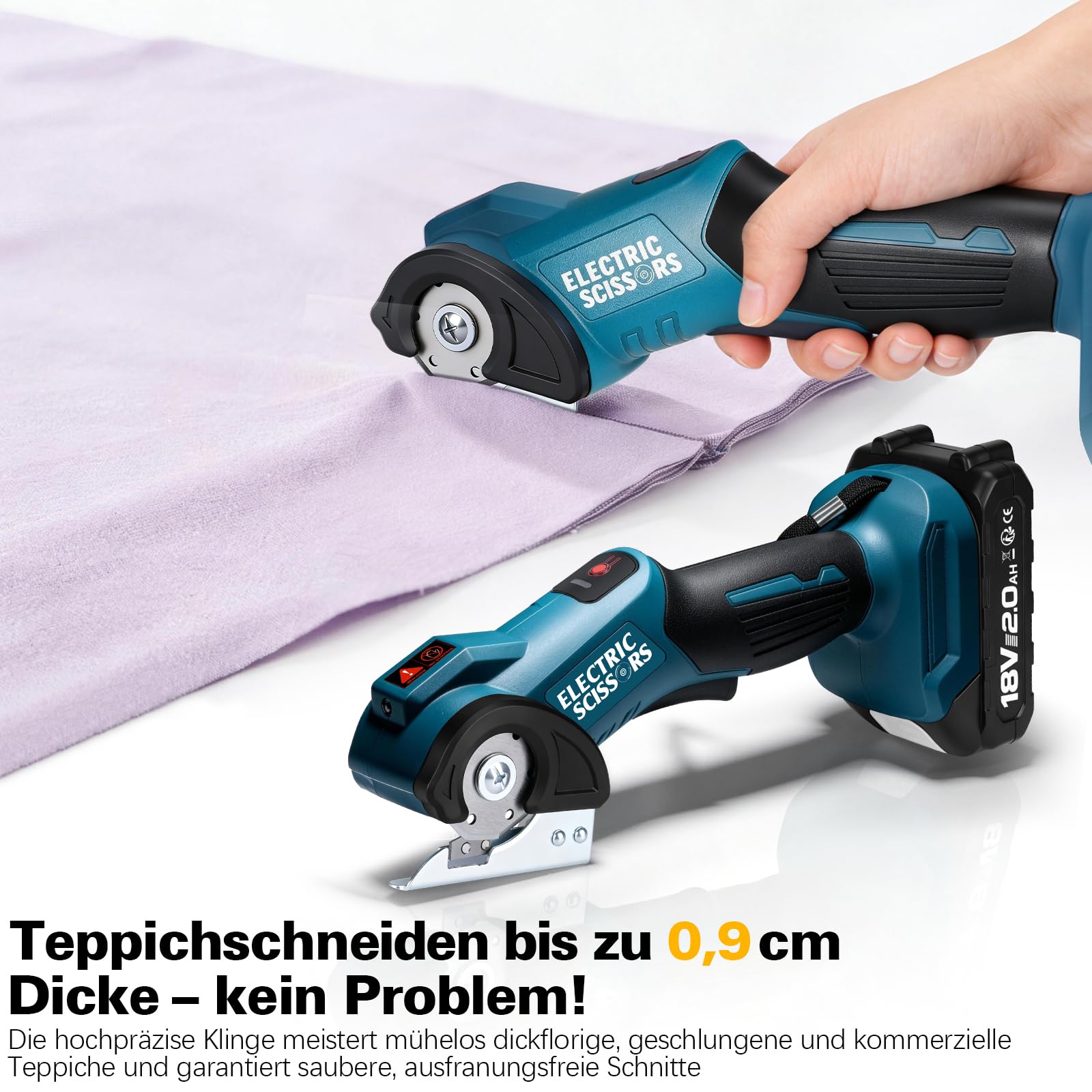 Kartonschneider Elektrische Schere mit 2000mAh Akku, Max. Schnittstärke 9 mm, 440 U/min Kabellose Rollschneider Teppichschneider mit LED-Licht & USB-C Kabel, Akkuschere Kompatibel mit Makita 18V Akku