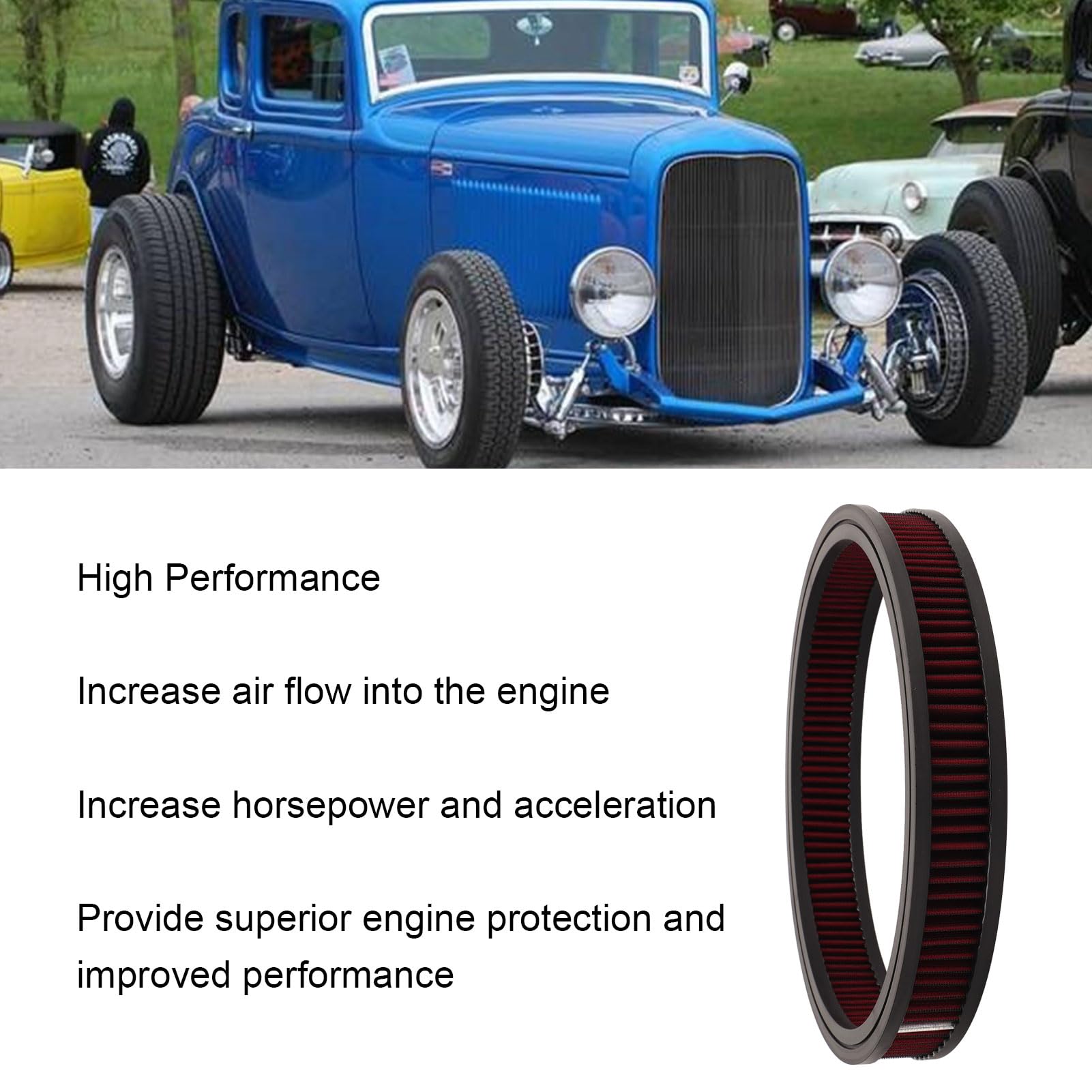 Elemento de Filtro de Aire Redondo para Filtro de Aire de 14 X 2 Pulgadas, Mayor Potencia y Aceleración, Lavable y Reutilizable, Protección del Motor, Duradero (Rojo)