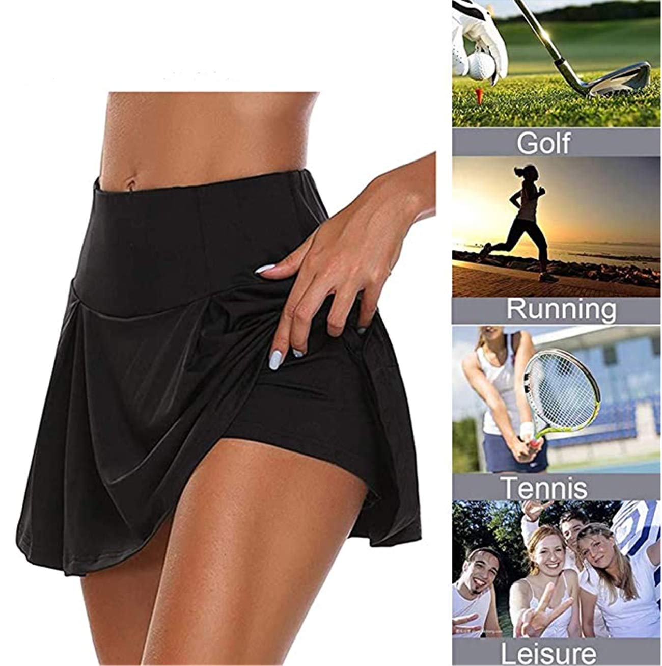 Femme 2 en 1 Jupe de Golf Tennis Mini Skorts Skirt Legging Ventre Plat Jupette de Bain avec Culotte pour Yoga Gym Dance Running