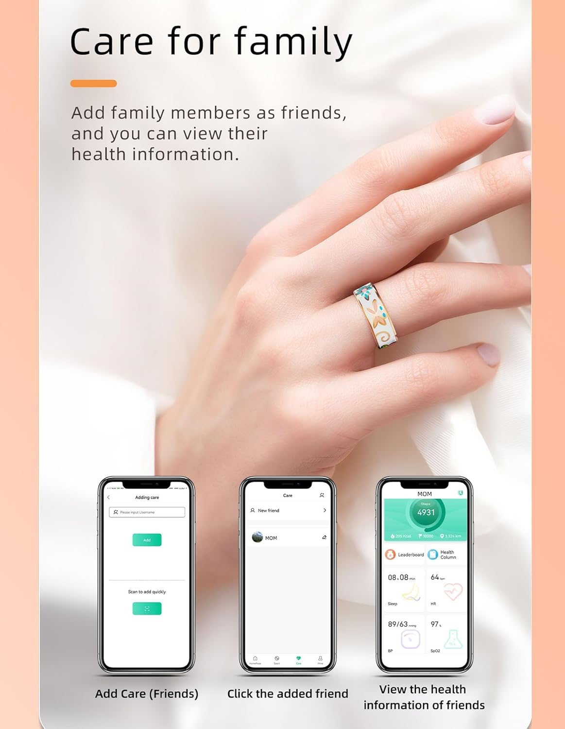 Ladies Smart Ring for Women Health Ring Blood Pressure Heart Rate Sleep Monitor Fitness Tracker Calories Step Counter Gesture Control iOS Android (#7(Inner circ2.14in), Enamel Ring-with charging case)