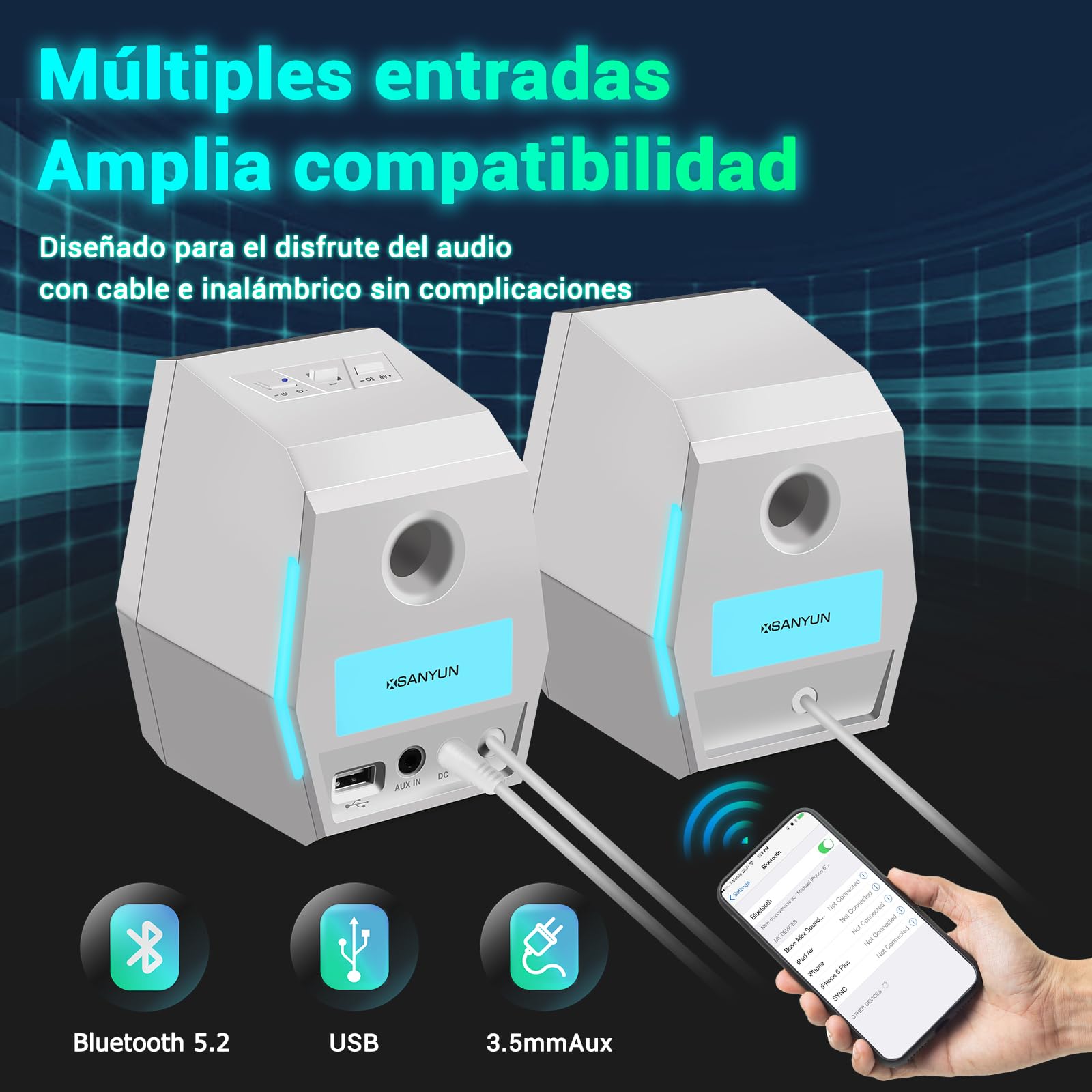 Sanyun SW209 Altavoces Gaming 2.0 36 W, Audio Táctico 3 Modos DSP | Gaming/Cine/Música, DAC 24 bits, USB-C/Bluetooth 5.2/AUX, Driver Fibra Vidrio 7cm + Cúpula Seda 18mm, RGB (Pareja, Blanco)