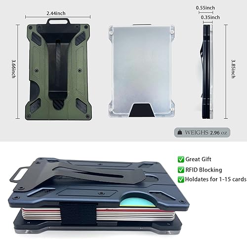 Vista 4 de Cartera delgada de metal de aluminio con clip para dinero con 1 soporte para tarjeta de identificación con ventana transparente, bloqueo RFID