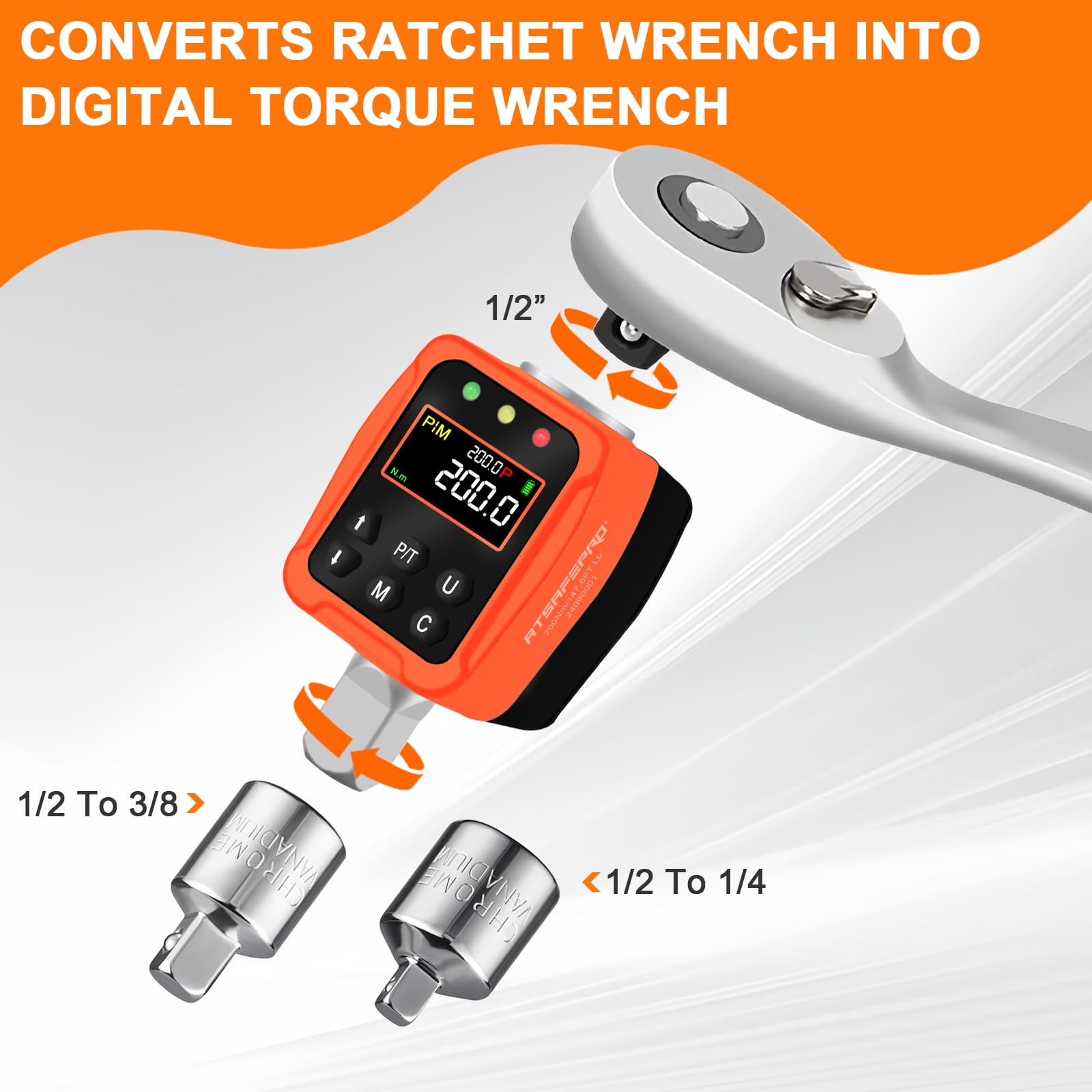 ATsafepro Adattatore Chiave Dinamometrica Digitale 1/2", 10-200 Nm Chiave Dinamometrica ±1% di Precisione con Schermo LCD a Colori e Buzzer, Adattatori 1/4" e 3/8" per Automobile, Motocicletta, Bicicl