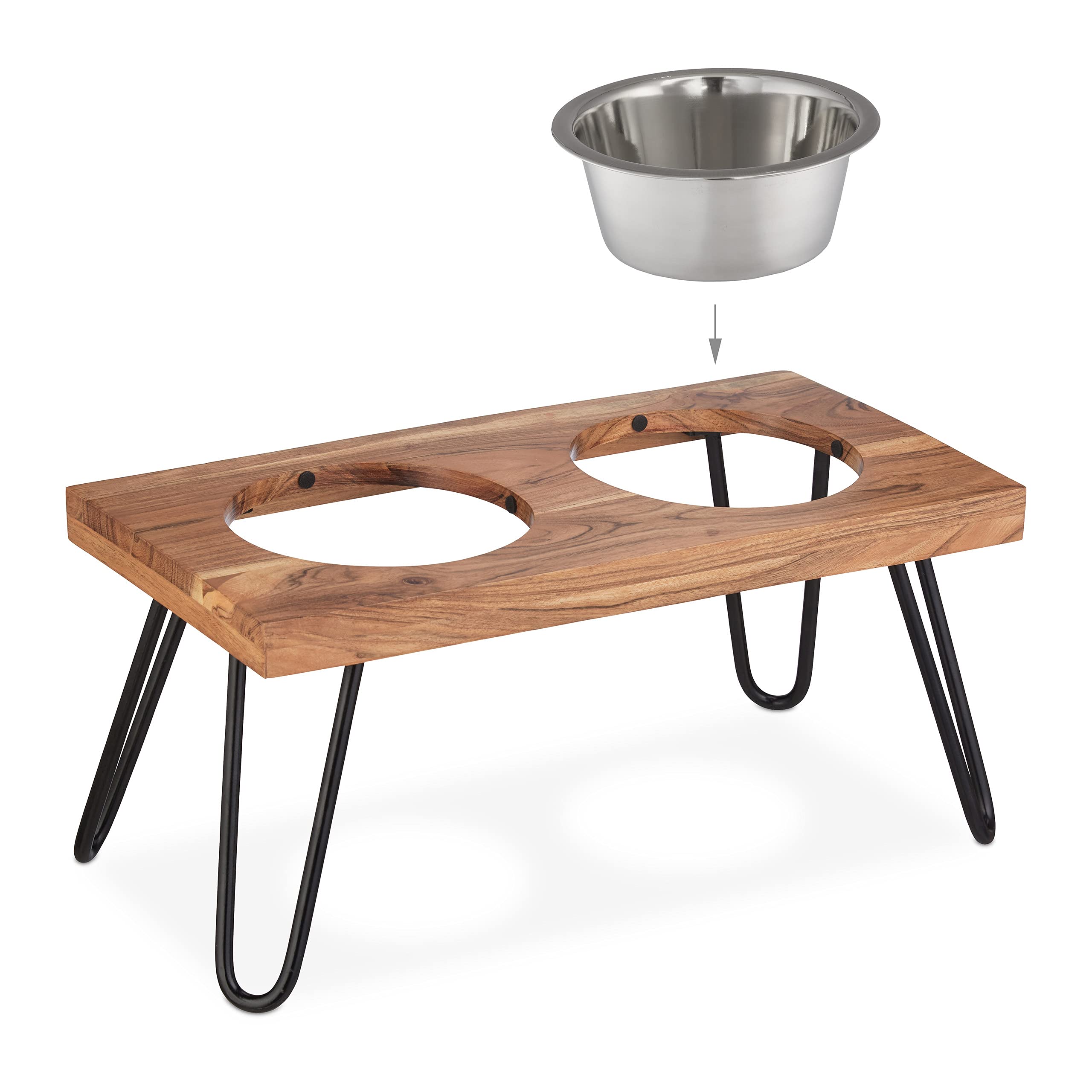 Relaxdays Comedero Elevado para Perro, Soporte Alto de Madera Acacia, 23x49,5x25 cm, 2 Cuencos de Comida 1200 ml, Marrón