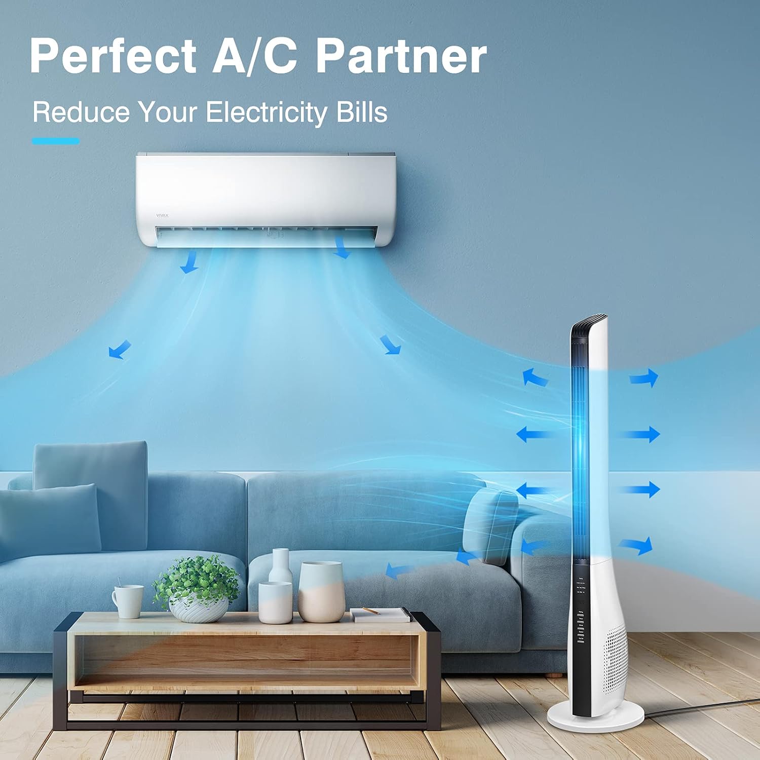 Bladeless Tower Fan - 43'' Standing Electric Cooling Fan w/ Remote, 3 Modes, 3 Speeds, 7.5H Timer, 70° Oscillation, White Powerful Floor Quiet Air Circulating Fan for Large Room Home Bedroom Office