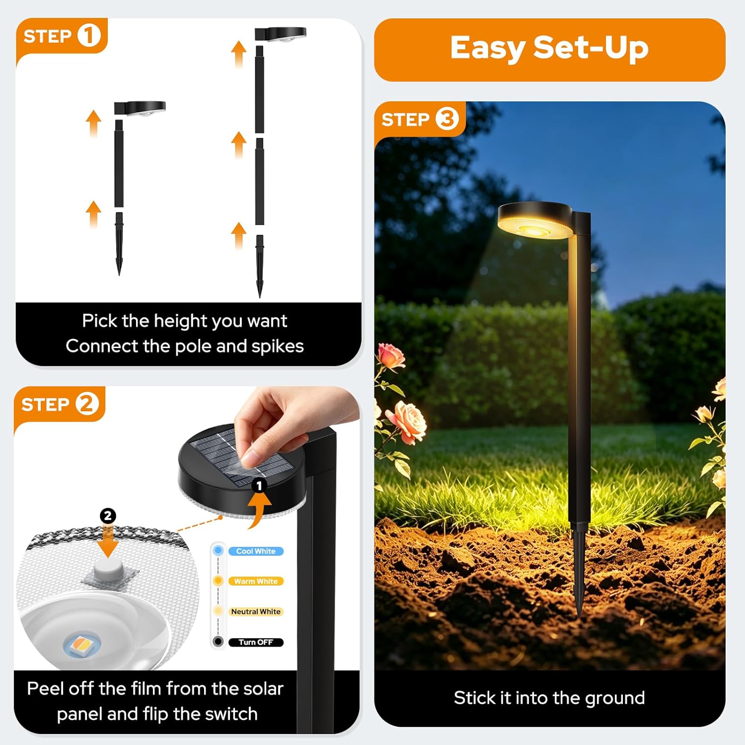 APONUO Solar Pathway Lights Outdoor, 3 Color Temperatures Selectable CCT, Focused Ground Spot Lens, Brighter Up to 12 Hrs IP65 Waterproof Path Lights for Walkway Driveway Yard Garden, Black, 12 Pack