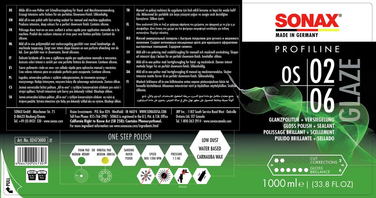 SONAX PROFILINE OS 02-06 (1 litro) lucidante tutto in uno con sigillatura rapida per applicazione a mano e a macchina | Art. N. 02473000