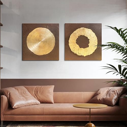 Miniatura 7 de MOUODEWO Arte abstracto dorado para pared, lienzo marrón, pintado a mano, textura redonda, decoración de estilo moderno, juego de 2 piezas, adecuado