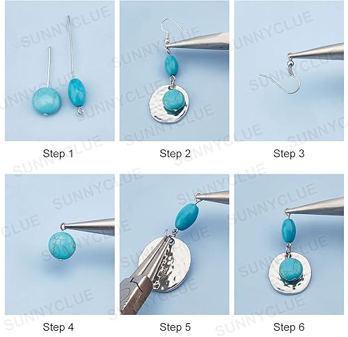 Miniatura 4 de SUNNYCLUE 1 caja de 10 pares de cuentas turquesas para hacer aretes, 8 formas de cuentas de turquesa, dijes de corazón de plumas martilladas y