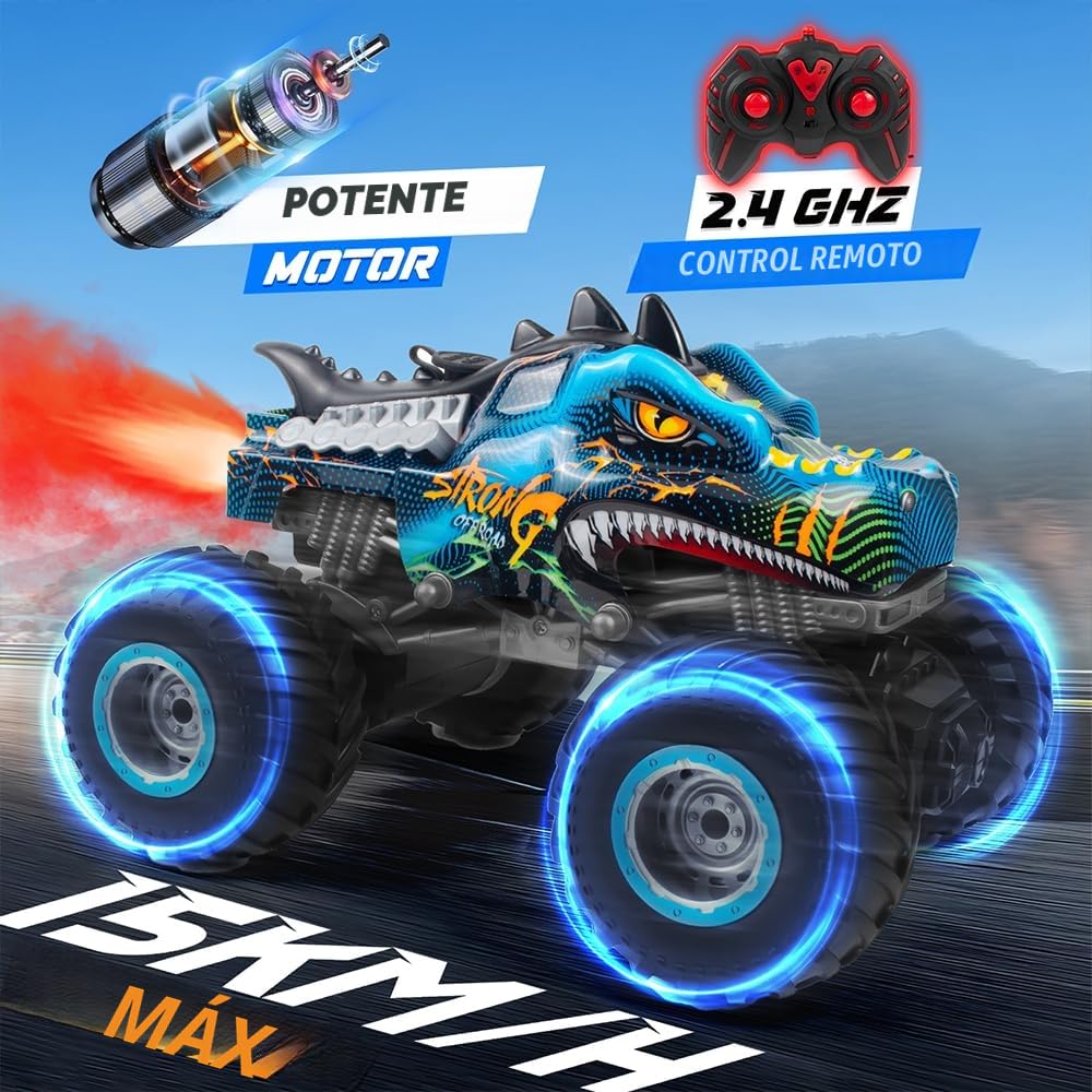 Coche teledirigido 1:16 RC Dinosaurios Monster Truck 2.4GHz 20 Km/h Radiocontrolado Todo Terreno con Niebla rociadora música Luces LED Regalo para niños de 4 5 6 8 años