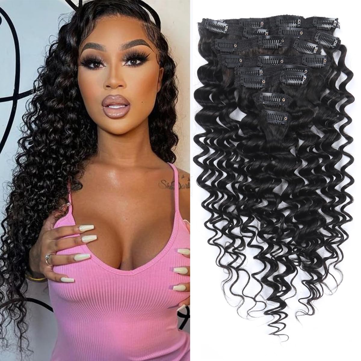 Curly Clip in Hair Extensions Real Human Hair 20 Inch 8PCS 120g Unprocessed Deep Water Wave Double Weft Hairpieces for Women Seamless Clip Ins Extensions Natural Black
