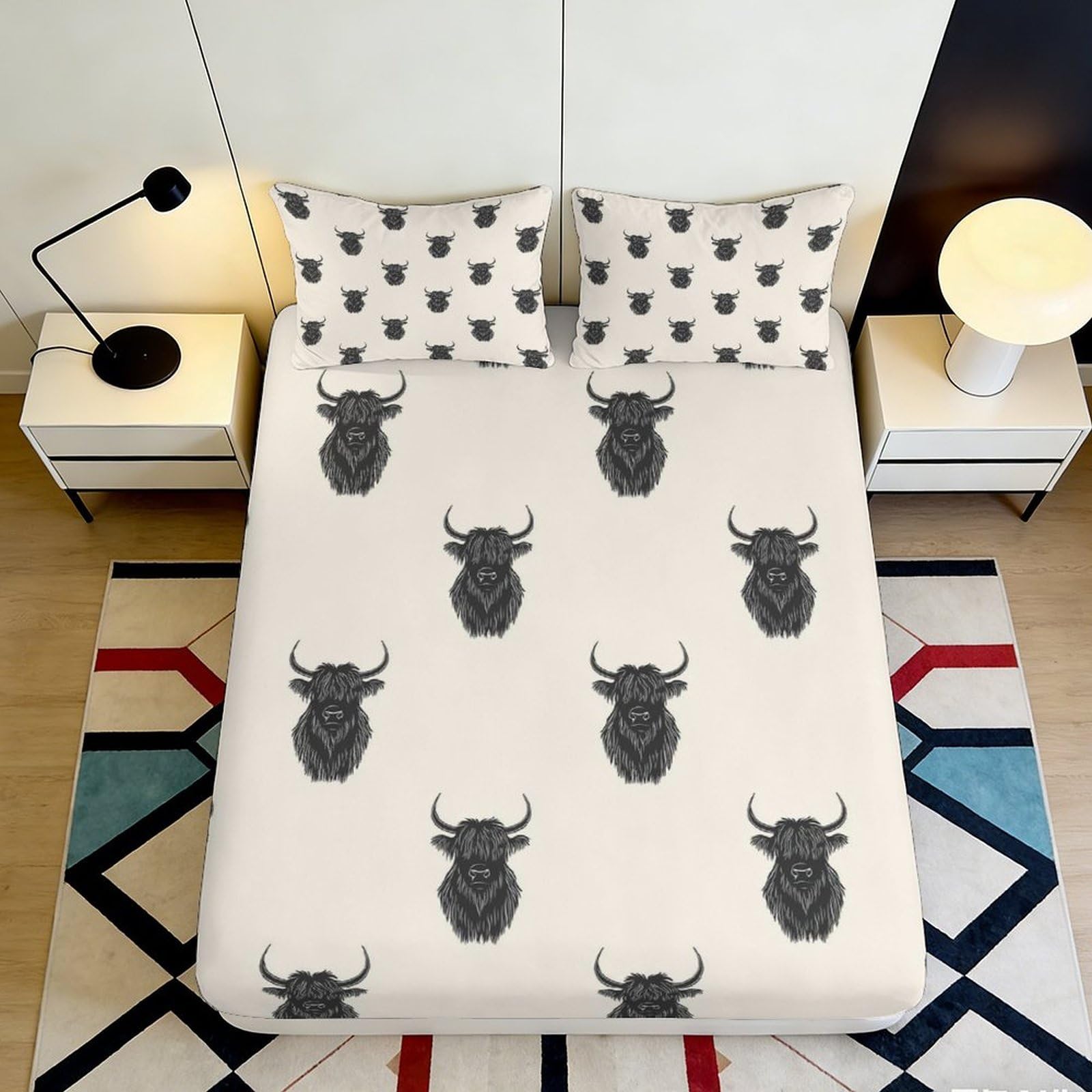 3D Printed Deer Antler Fitted Sheet Microfiber Beige Bull Head Mattress Cover for Bedroom Guest Room Dorm Decor 90x200x25cm