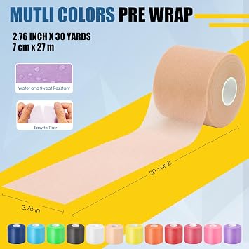 Pre Wrap Athletic Tape 3 Pack, 7cm x 27m Athletic Tape Sports Prewrap, Foam Underwrap for Ankle Wrist Knee Elbow Hair Soccer, Skin