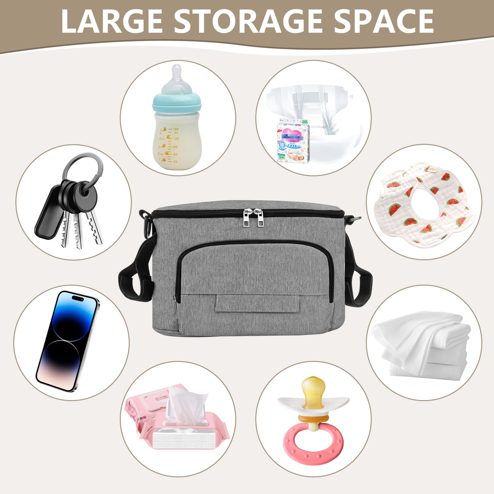 Organisateur de Poussette Universel Oxford 600D Imperméable, Sac de Rangement Poussette Grande Capacité 32x16x18,5 cm, Sac à Langer Bébé avec 2 Porte-Gobelets Isothermes, Bandoulière & Crochet (Gris)