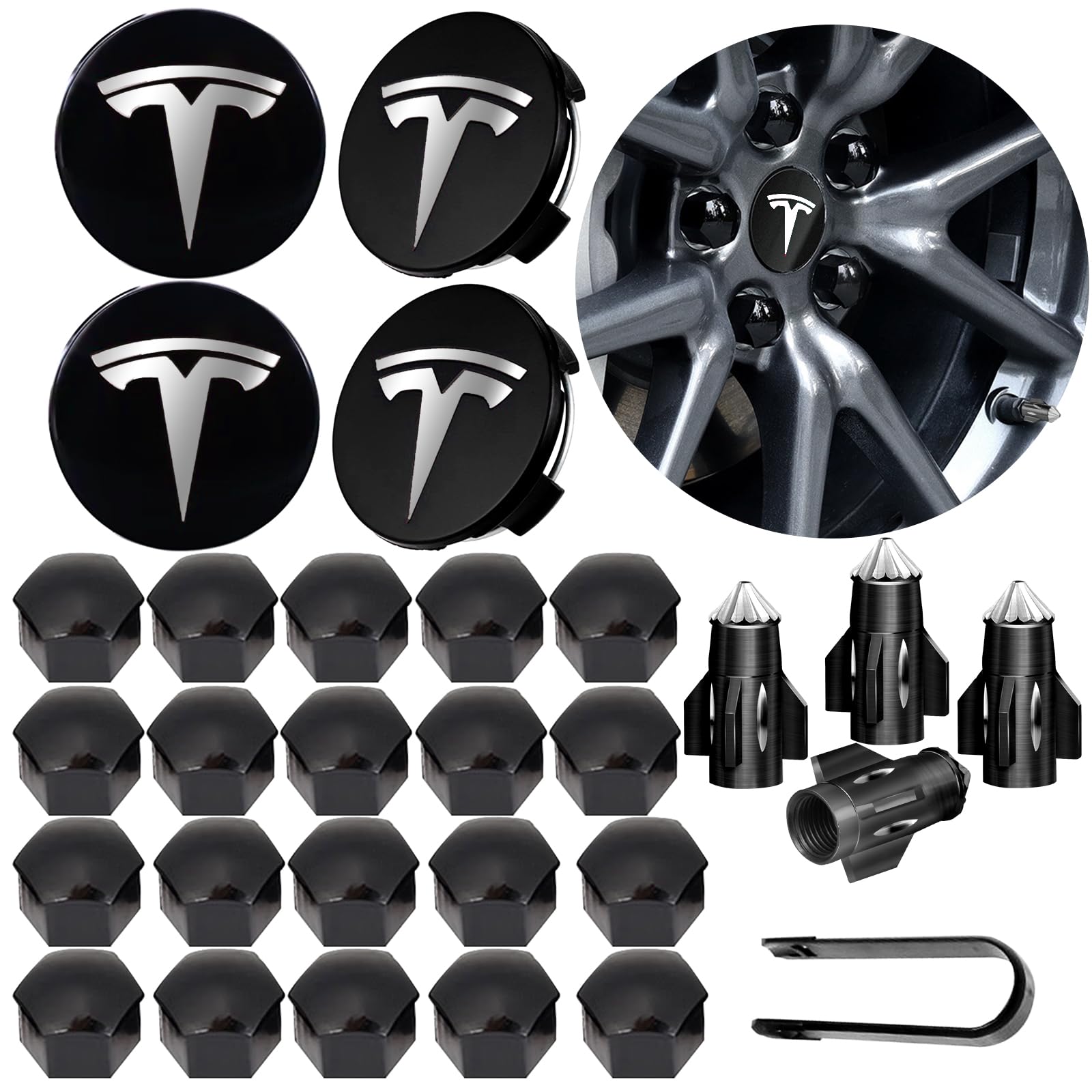 Photo 1 of Wheel Center Caps, Wheel Hub Caps Center Cover for Tesla Model 3 Model Y, Model S/X (Silver & Valve Stem Cap)