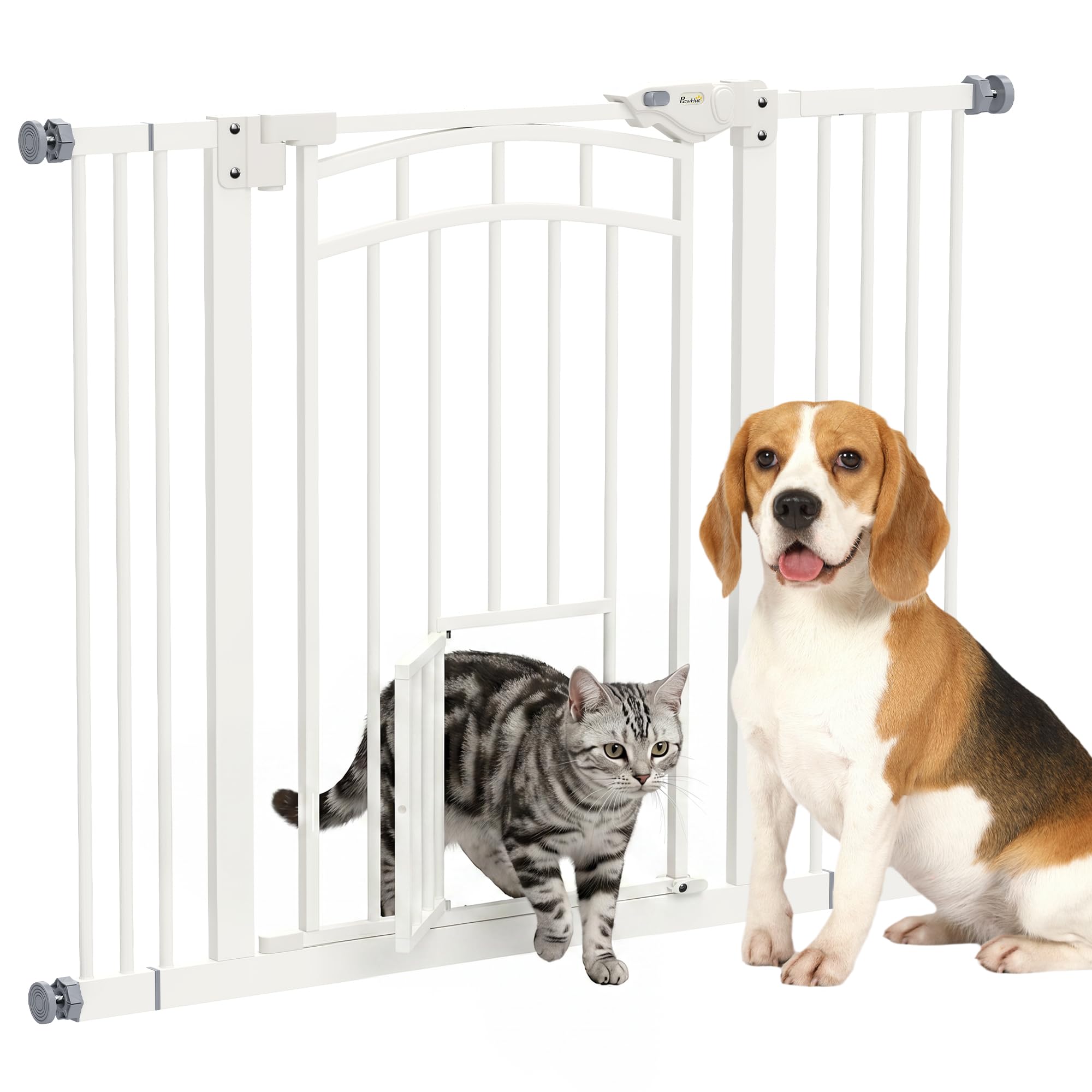 PawHut Barrera de Seguridad para Perros Extensible 74-100 cm Blanco | Barrera para Perros, para Puertas y Escaleras, Montaje a Presión, Puerta Pequeña, Doble Bloqueo
