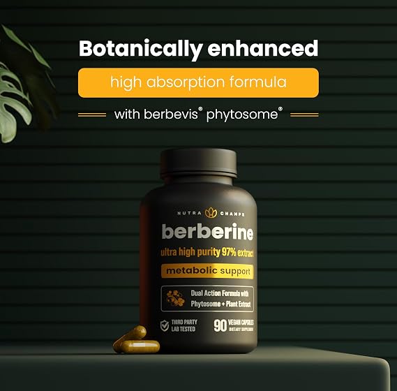 NutraChamps Berberine Supplement | Ultra High Strength 97% Purity | Berberine HCL 1500mg + Berbevis Phytosome Extract for Enhanced Absorption & Metabolic Support | Premium 500mg 90 Vegan Capsules
