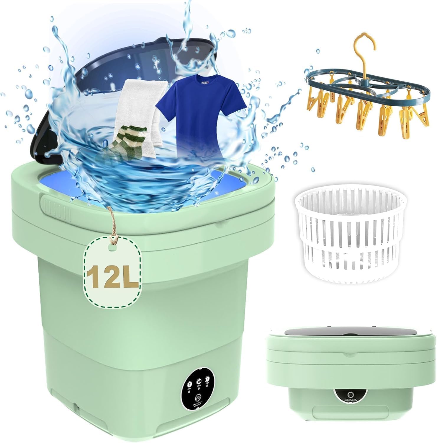 Portable Washing Machine, 16L Large Capacity Laundry Washer Cleaning for Underwear, Baby Clothes, Shirts,Small Delicates. Foldable Mini Washer and Dryer Combo for Apartment,Hotel,Camp,RV,Travel(Green)