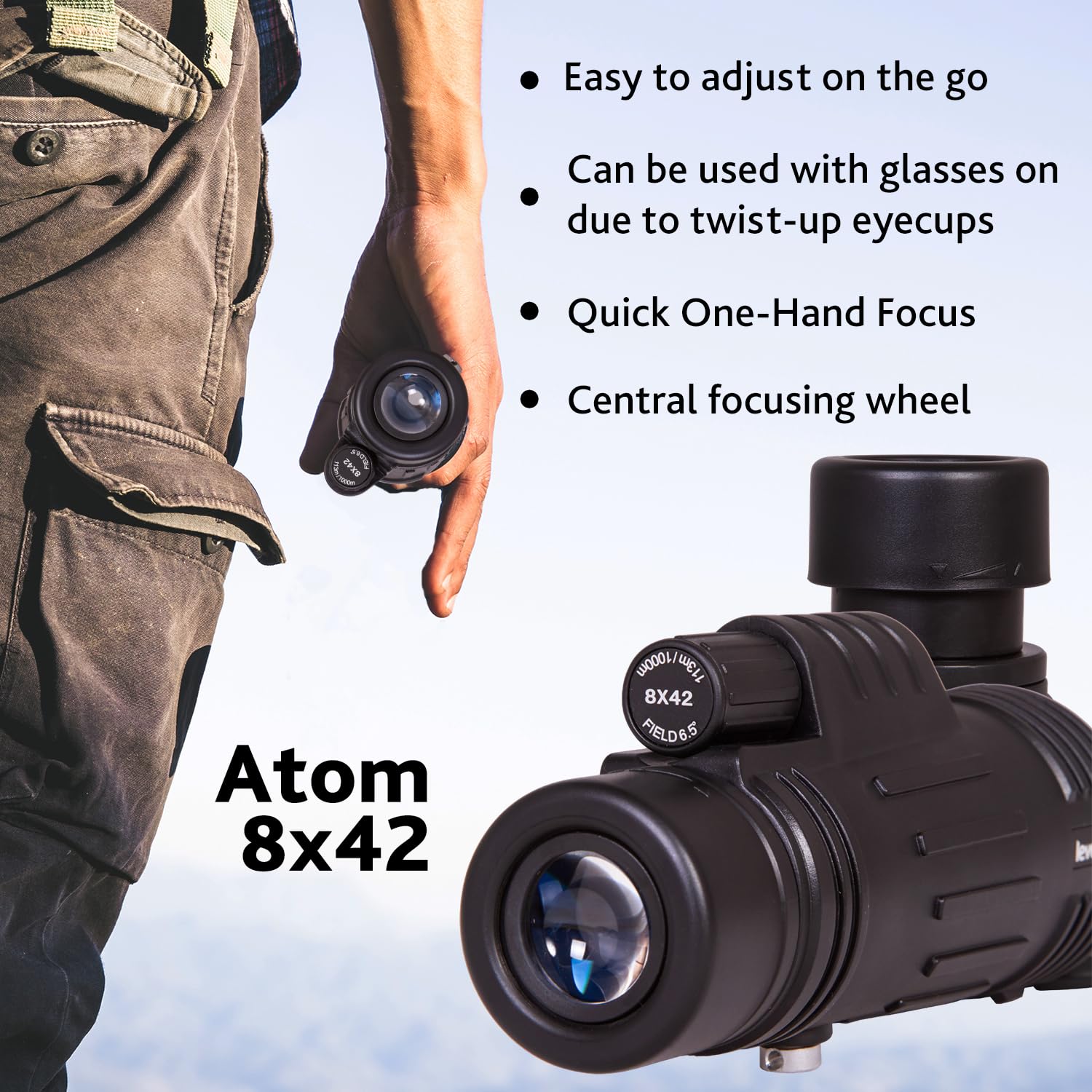 Levenhuk Atom 8x42 Monocolo Portatile, Compatibile con Treppiede | Cannocchiale Compatto e Leggero con Ottiche BK-7, Ideale per Escursionismo, Birdwatching, Campeggio, Caccia e Viaggi