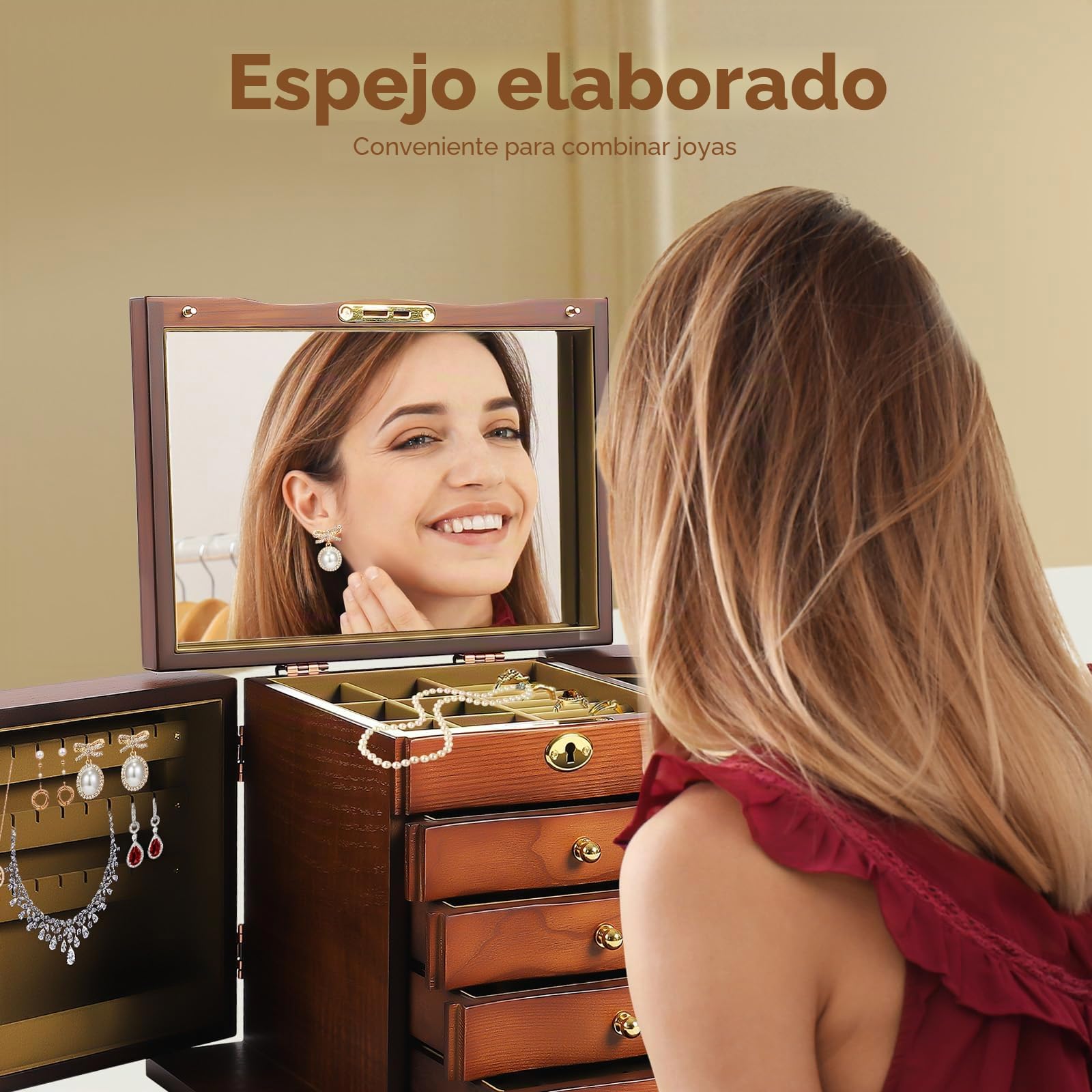 Joyero retro de 5 capas, joyero de madera marrón, organizador para mujeres con espejo y 4 cajones, gran capacidad