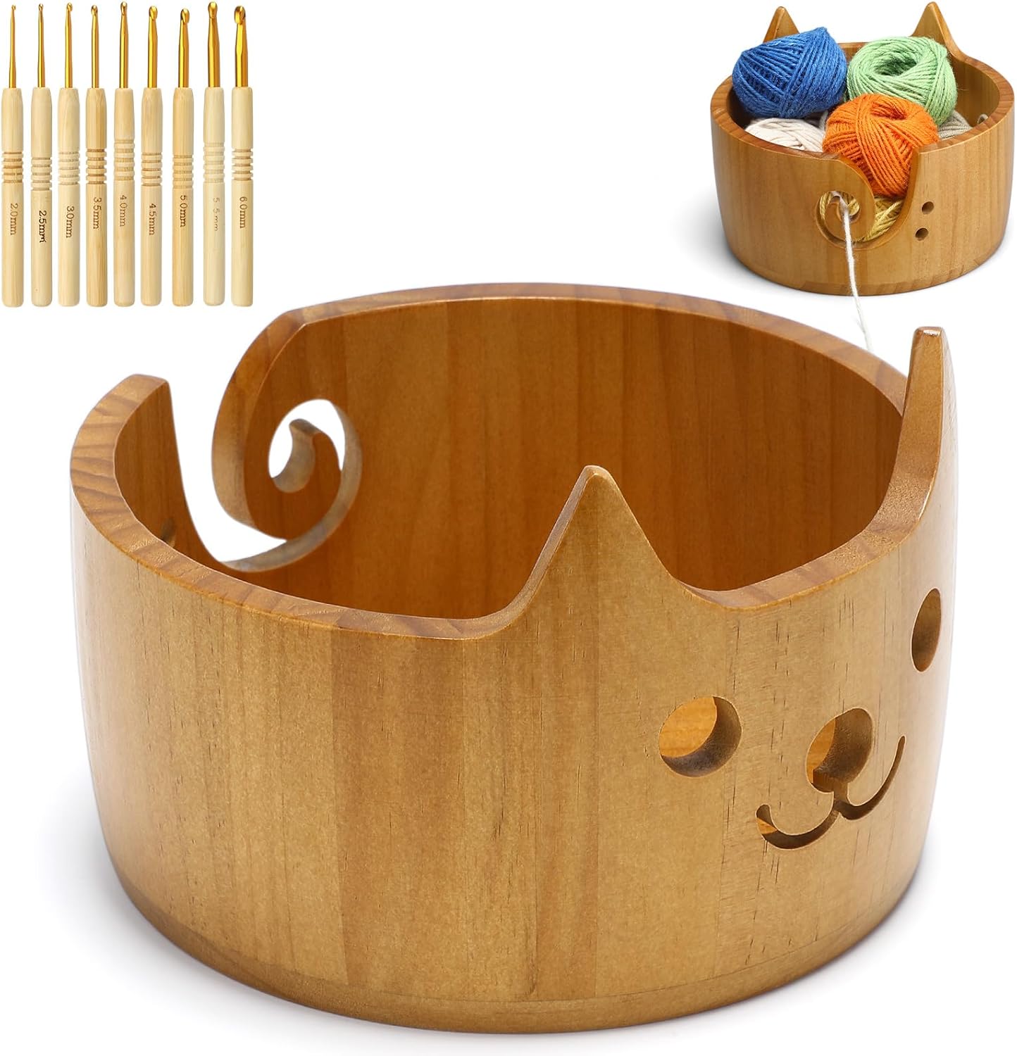 Giegxin Wooden Cat Yarn Bowl Large Polished Crochet Bowl with 9 Pcs Crochet Hook Pine Wool Yarn Holder for Knitting Accessories 7.5 x 5 Inch for Knitting and Crocheting Gift(Light Brown)