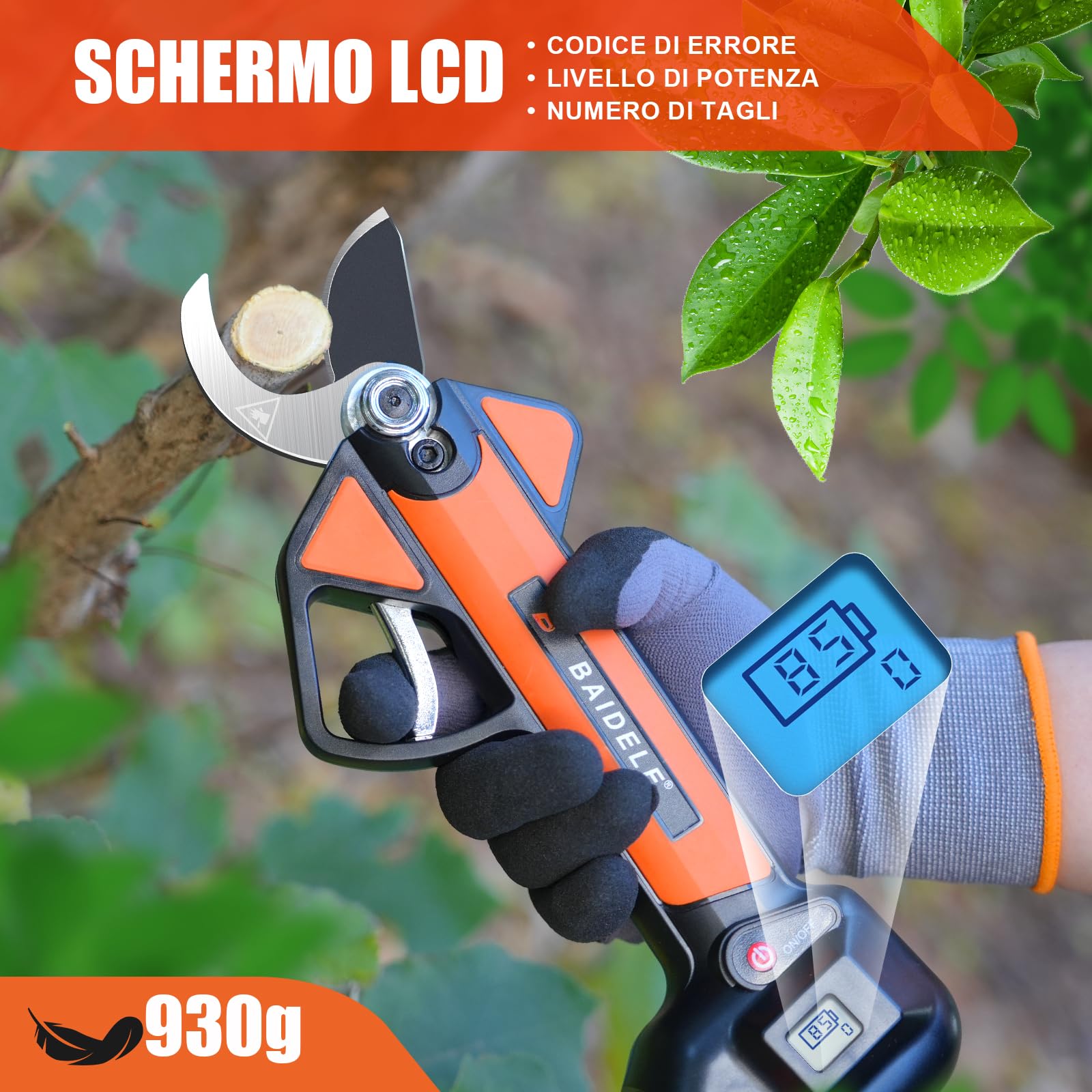 Forbici Potatura a Batteria 32mm, Progressivo Forbice Potatura a Batteria, Dotato di Schermo LCD e 2 x 2,6 AH Batterie Al Litio, 8-10 Ore Lavorative, Adatto a Negozi di Fiori, Frutteti e Giardini