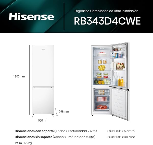 Hisense RB343D4CWE - Frigoríficos Combi, 269L, Clase E, An 55cm x Al 180cm, Apertura de Puertas 90º, Puerta Reversible, Cajón Frutas y Verduras, Iluminación Led, Balconera de Gran Capacidad, Blanco - 3