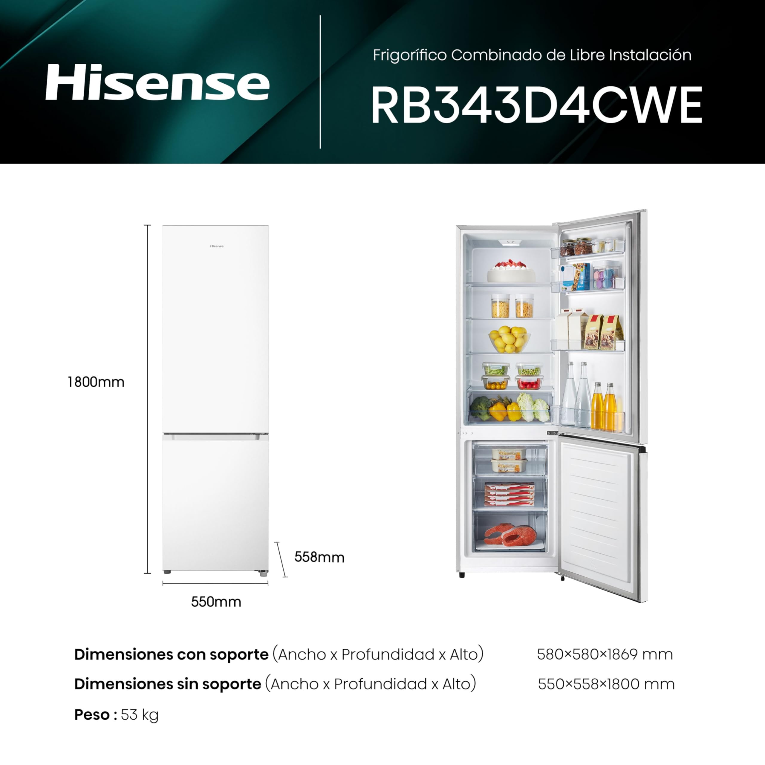 Hisense RB343D4CWE - Frigoríficos Combi, 269L, Clase E, An 55cm x Al 180cm, Apertura de Puertas 90º, Puerta Reversible, Cajón Frutas y Verduras, Iluminación Led, Balconera de Gran Capacidad, Blanco — view 3