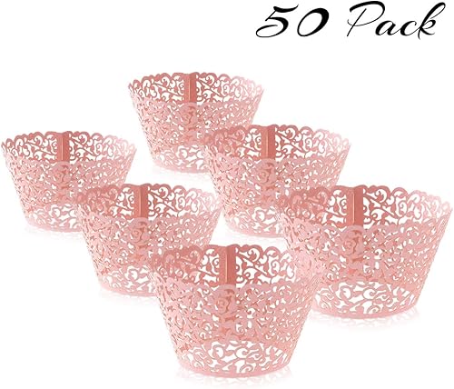 Miniatura 7 de Tinksky Envolturas para cupcakes cortadas con láser, decoración de boda y ducha, paquete de 50 (rosa)