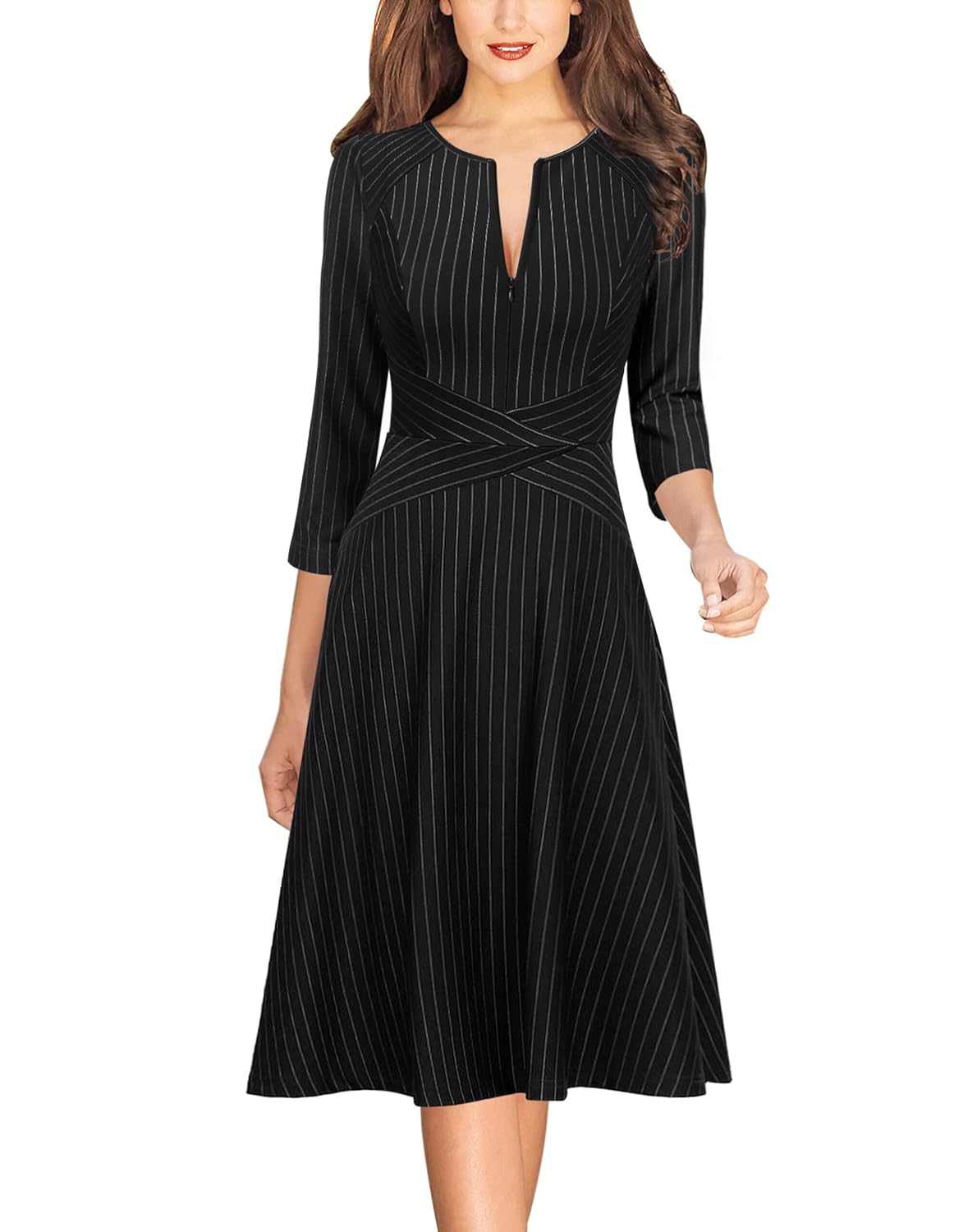 VFSHOW Womens Work Business Front Zipper A-Line Dresses 3 4 Sleeve Office Church Fit and Flare Skater Swing