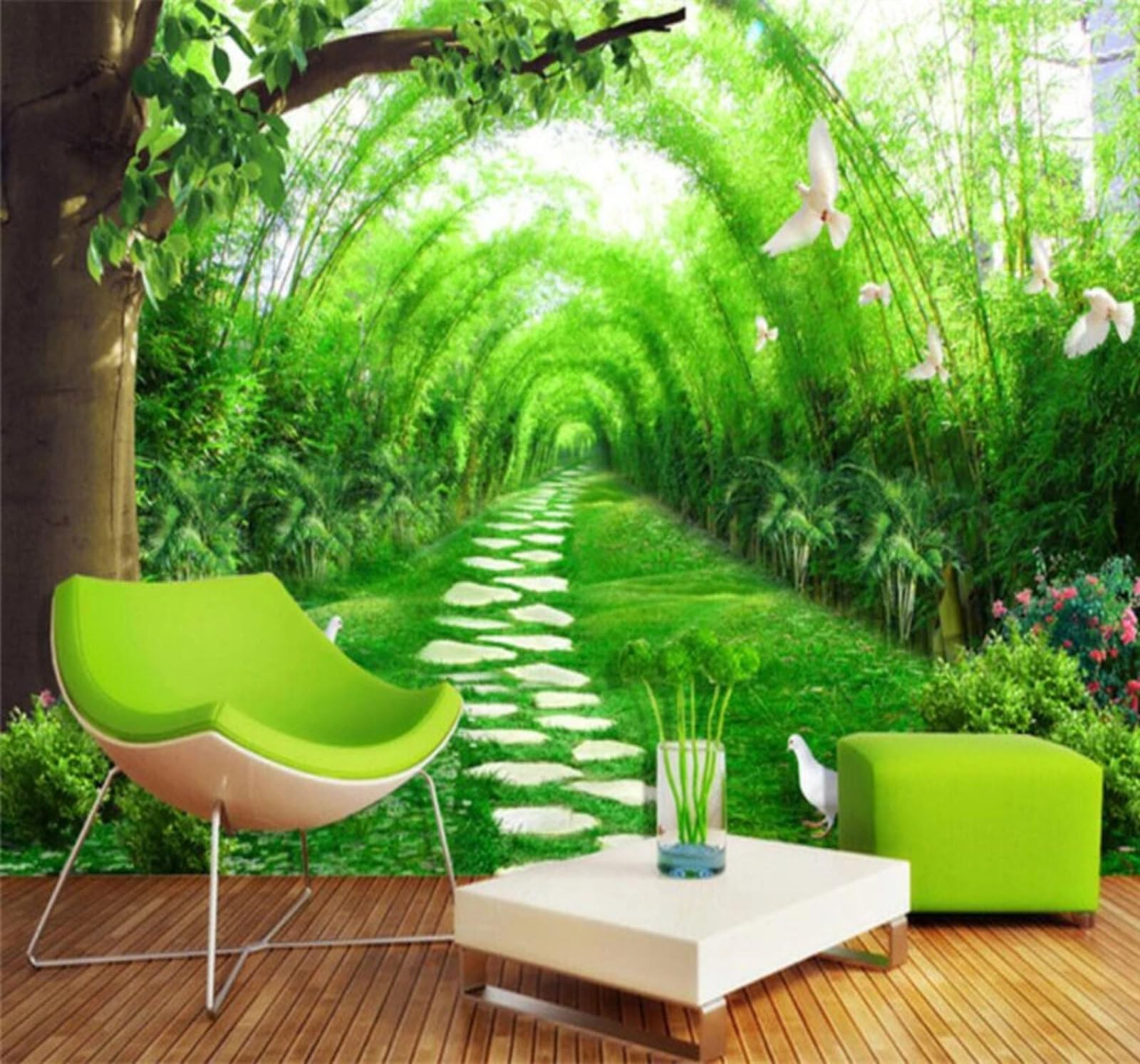 Wallpaper-3D-Xlm 350Cm×256Cm(B×H) Fresh Green Bamboo Grove Pigeons Sense Of Space 3D Wallpaper Easy Install Feature Office Living Room Sofa Bedroom Tv Background Wall Decoration-350Cm×256Cm