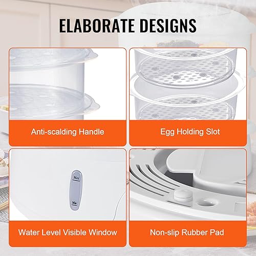 Miniatura 6 de VEVOR Vaporizador eléctrico de alimentos, vaporizador eléctrico de verduras de 7.4 cuartos de galón con bandejas apilables de 2 niveles, vaporizador