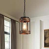 Vista 7 de Rustic Farmhouse Wood Pendant Light Fixture One-Light Adjustable Chain Oak Wood and Metal Lantern Drum Small Pendant Lighting for Kitchen Island