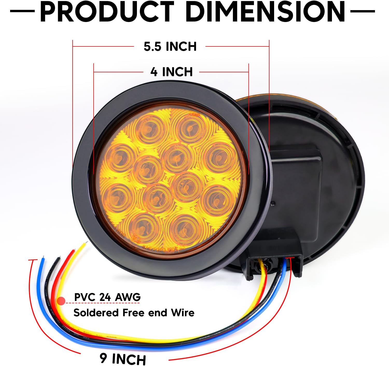 2 Pcs 4" Amber LED Round Marker Clearance Tail Light with 3 Modes (Low/High/Strobe) 12 LED Grommet & Prong Plug, 12V DC for Trailer, Truck, Van, RV, Tractor