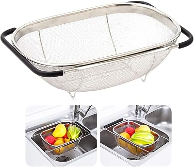 AJIODA Stainless Steel Over The Sink Oval Colander with Expandable Rubber Grip Handles Strainers, Fine Mesh Strainer Basket Kitchen 6 Quart Colander for Strain, Drain, Rinse Fruits, Vegetables