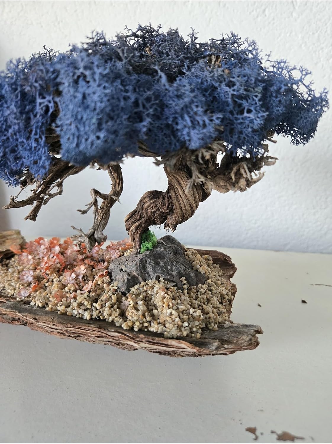 Bonsai Decor Handmade, Real Tree Trunk & Blue Moss Tabletop Decoration, Navy Blue, One Piece - Navy Blue