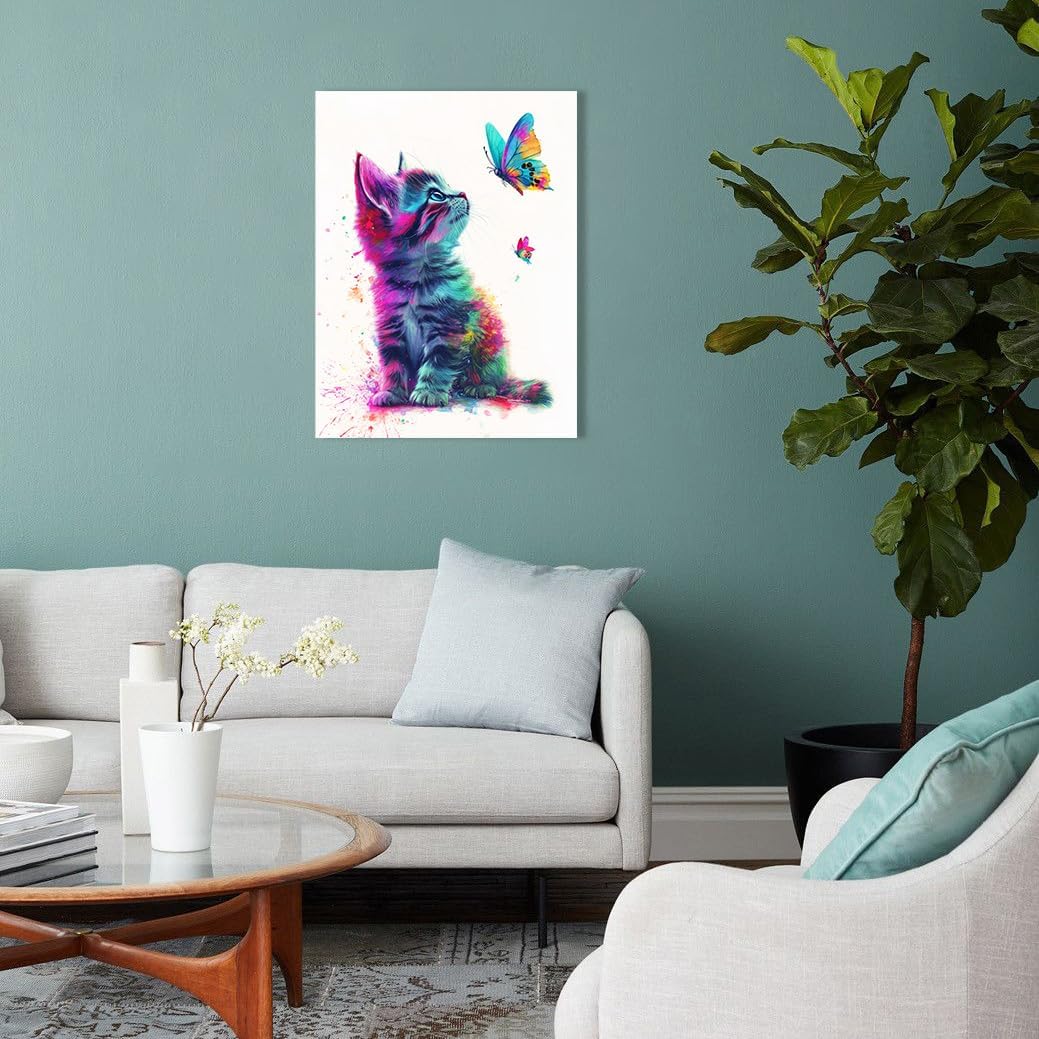 Ypxzzj Framed Butterfly Cat Canvas Wall Art & Decor for Cat Lover Gifts,Wall Decor for Women Girls Bedroom Toddler Baby Room decoration,Cute Kitten Poster for Nursery Home Decor(16''x12'')