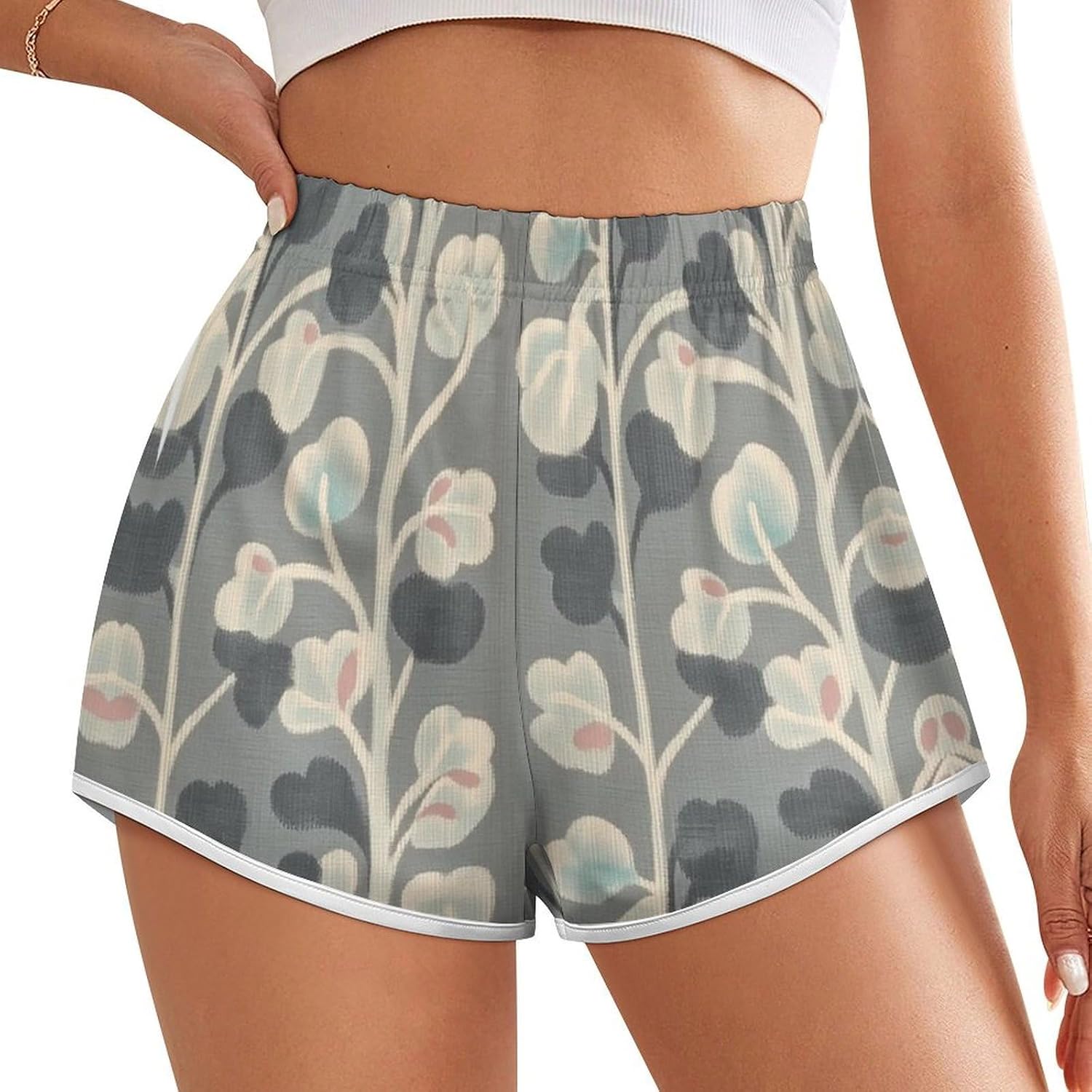 Grey Vine Pattern Novelty Floral Tropical Print Shorts Ladies Lightweight Loose Holiday Beach Shorts
