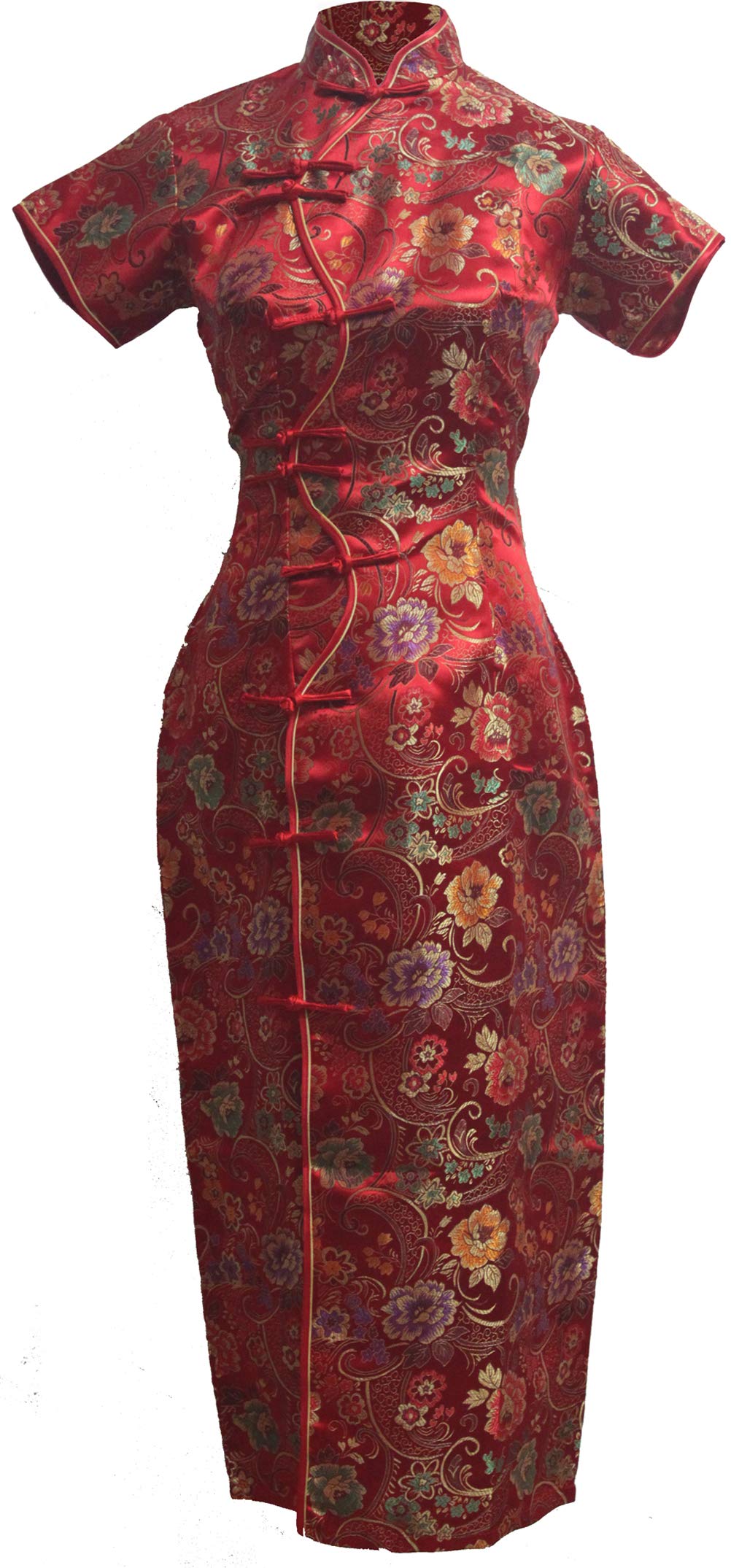 7FairyWomen's Red Long Chinese Floral Cheongsam Dress Ten Buttons