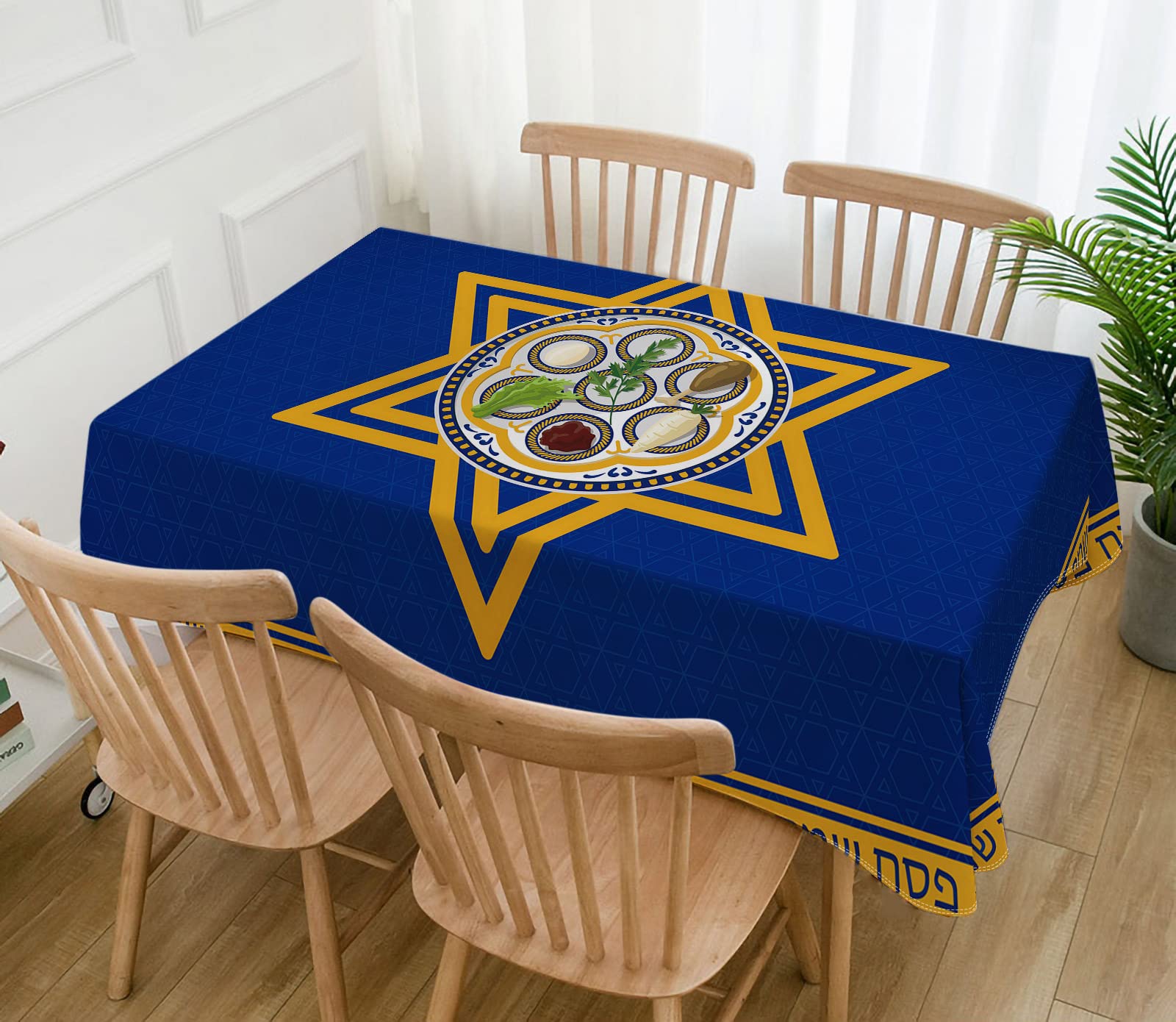 Set Mit 7 Passover Tischläufern & Tischsets – Jüdische Dekoration Mit Davidstern, Menora, Dunkelblau Aus Leinen