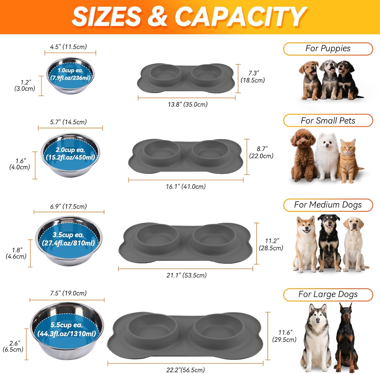 VIVAGLORY Dog Bowl Splashfree Pet Bowl, Dog Dish with Silicone Mat Placemat for Messy Eater, Double Stainless Steel Food Water Feeding Set Dishwasher Safe Spill Proof for Pet, S, Mint Green