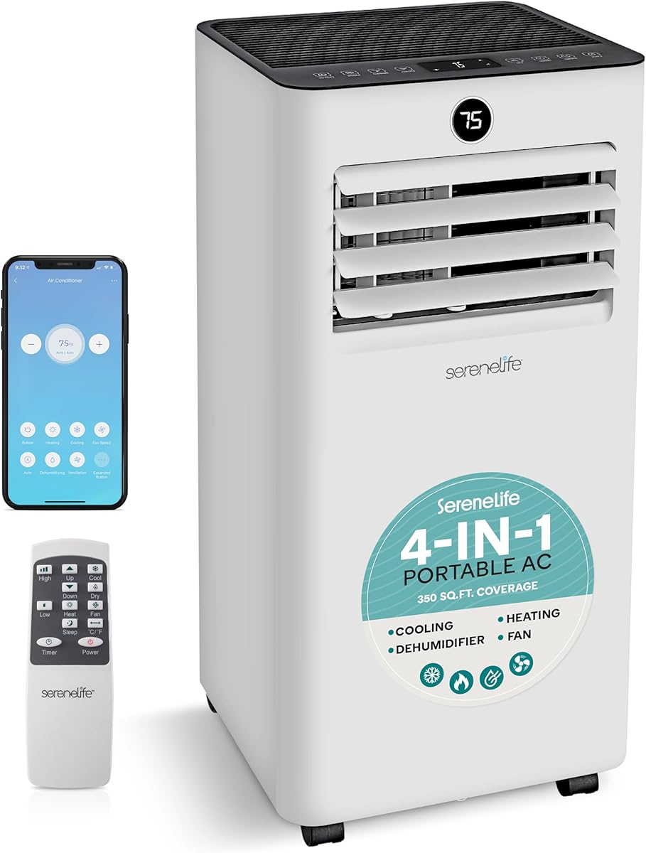 SereneLife 8,000 BTU Portable Air Conditioner and Heater, Small AC with Dehumidifier and Fan, Wifi Function, Mini AC Unit with 350 Sq. Ft. Coverage, Includes Remote Control and Window Mount Kit