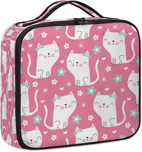 Travel Makeup Bag for Women Large Square Portable Professional Coquette Train Cosmetic Case with Handle Bow Tie White Cat