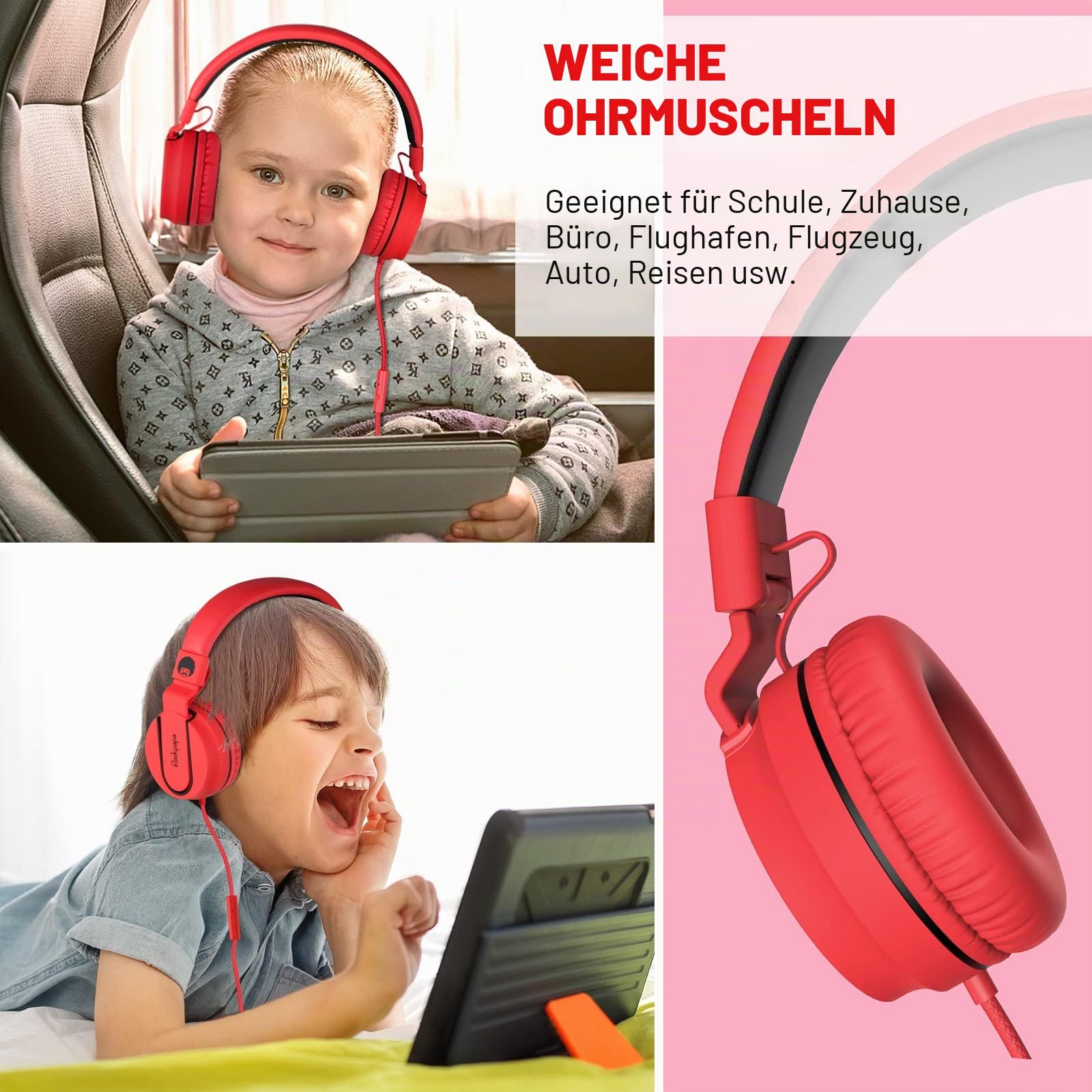 Rockpapa 952 Kinder Kopfhörer mit Kabel, Kopfhörer Kinder Mädchen, HD Mikrofon, Klinke 3.5 mm, Faltbare, On Ear Kopfhörer für Schule/Reise/Handy/Tablet/PC, Schwarz Rot
