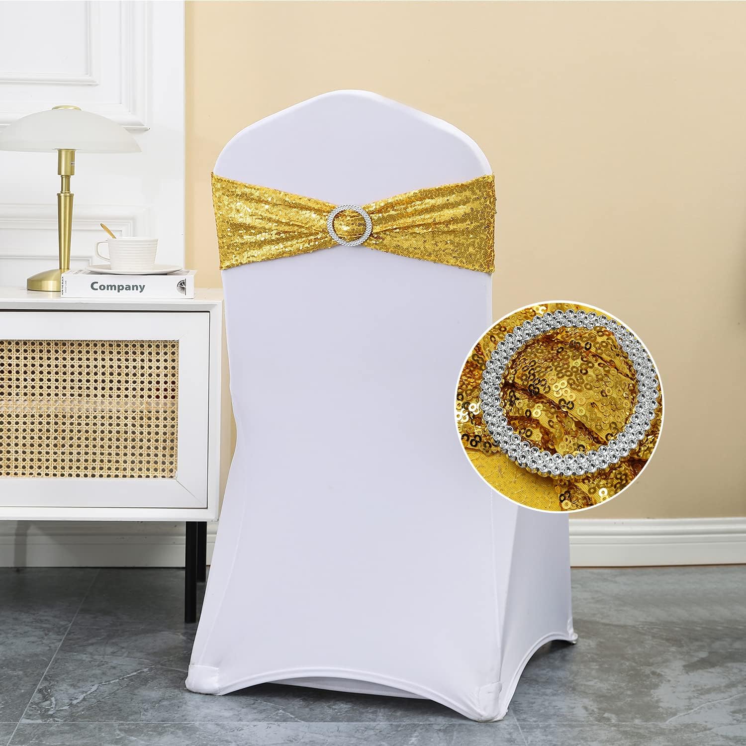 100 Pack Gold Sequin Chair Sashes for Wedding Decor, Glitter Chair Sash Bows Bands with Buckles for Party Birthday Christmas Anniversary Banquet Celebration Events Decorations