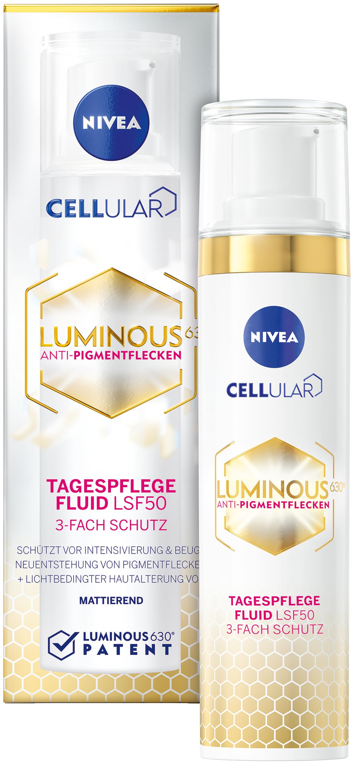 NIVEA Cellular LUMINOUS630® Anti-Pigmentflecken Tagespflege Fluid (40 ml), mattierende Gesichtspflege mit LSF 50 und Vitamin E, Fluid mit 3-fach Schutz für ein ebenmäßiges Hautbild