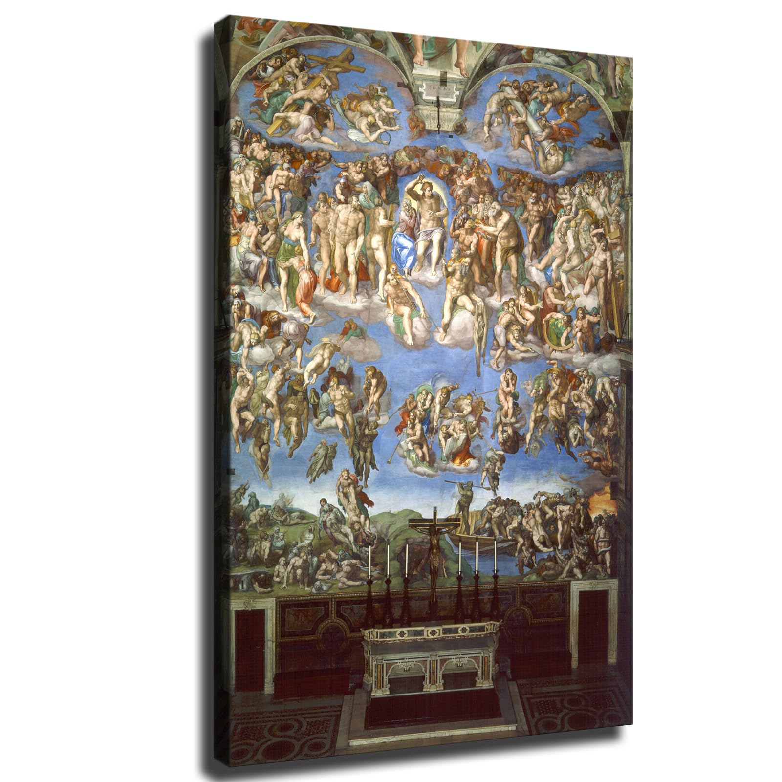 The Last Judgement Sistine Chapel Fresco Behind Church Altar Vatican City Poster Canvas Framed Wall Art Prints Painting Living Room Room Wall Art Decor Gifts (8x12inch-Framed)