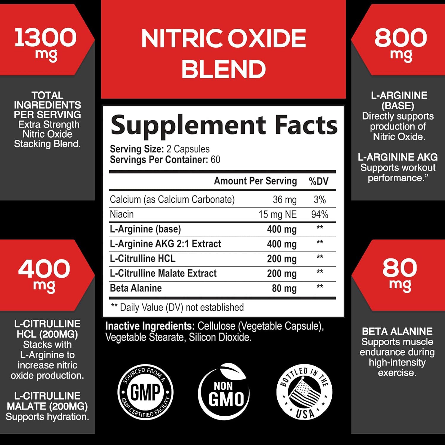 Extra Strength Nitric Oxide Supplement L Arginine 3X Strength - Citrulline Malate, AAKG, Beta Alanine - Premium Muscle Supporting Nitric Booster for Strength & Energy to Train Harder - 120 Capsules : Health & Household