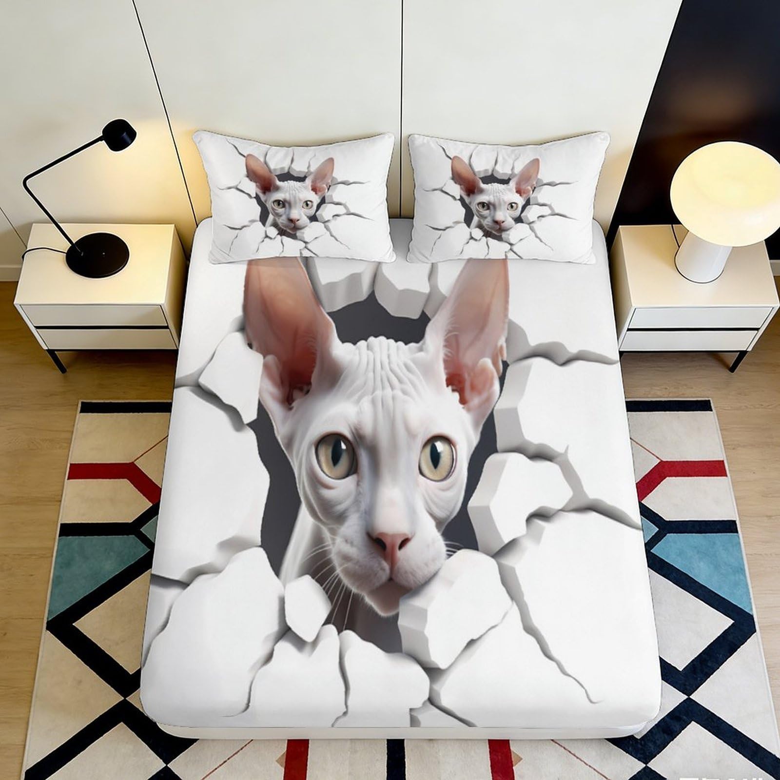 3D Printed Sphynx Cat Fitted Sheet Microfiber Anti-Slip Cracked Wall Bed Cover for Bedroom Dorm Machine Washable Decor 140x200x25cm